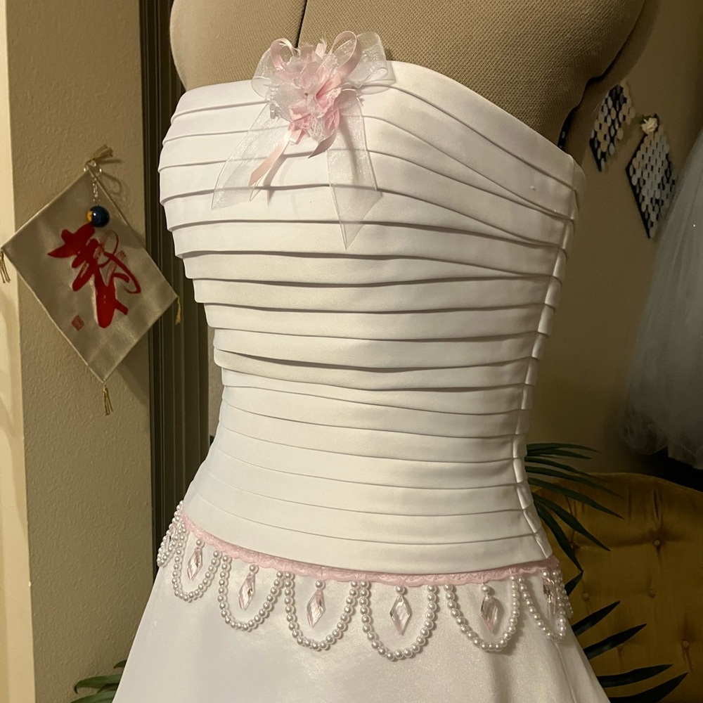 Size 8 Hand-Beaded “Michaelangelo” Pink and White Wedding Gown